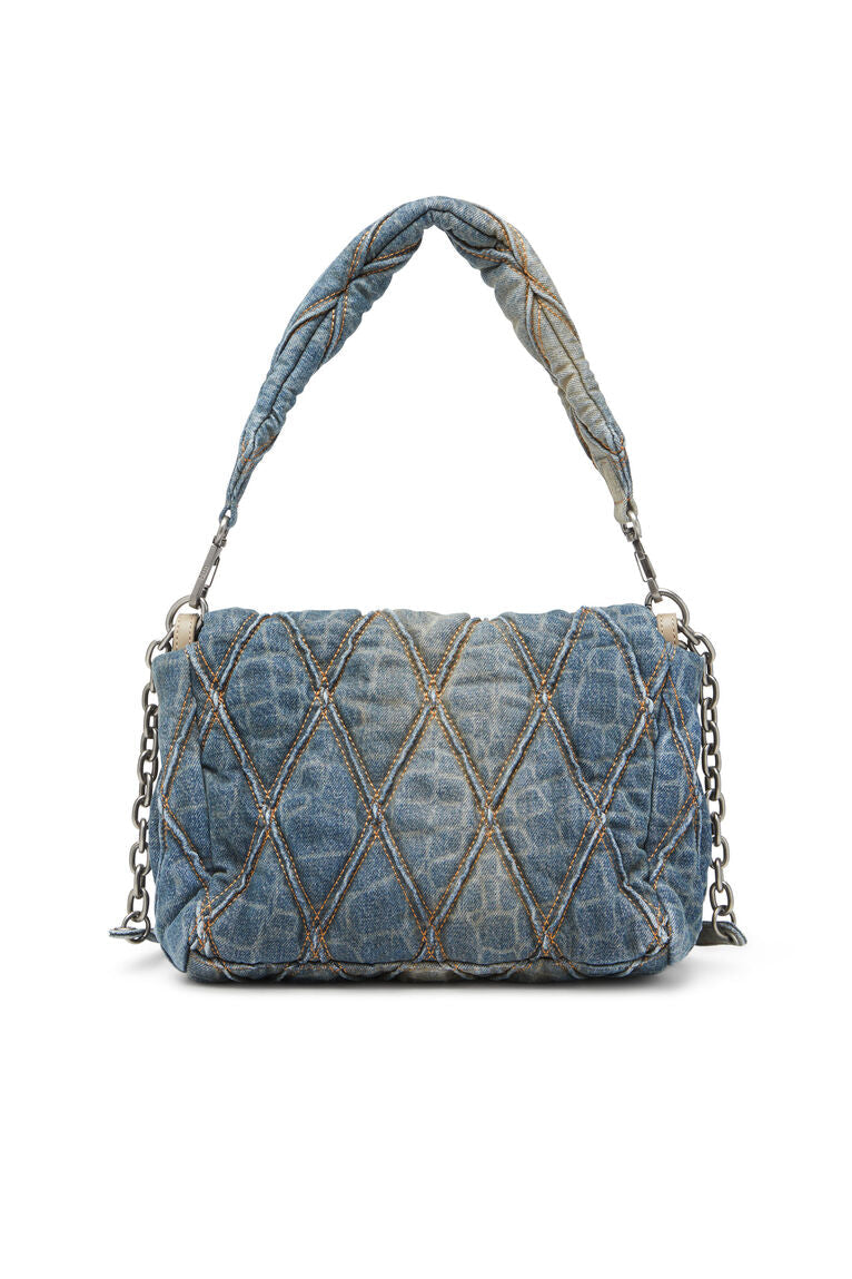 Borsa a spalla in denim trapuntato stampa snake