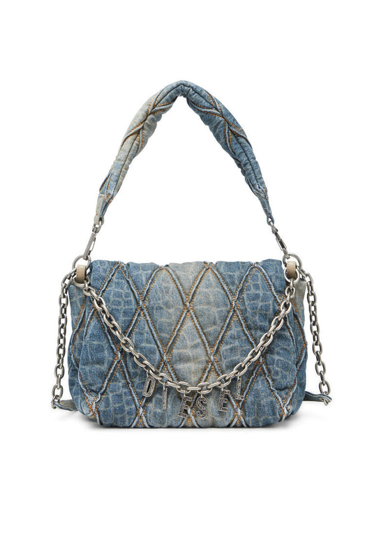 Borsa a spalla in denim trapuntato stampa snake