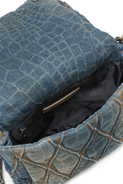 Borsa a spalla in denim trapuntato stampa snake