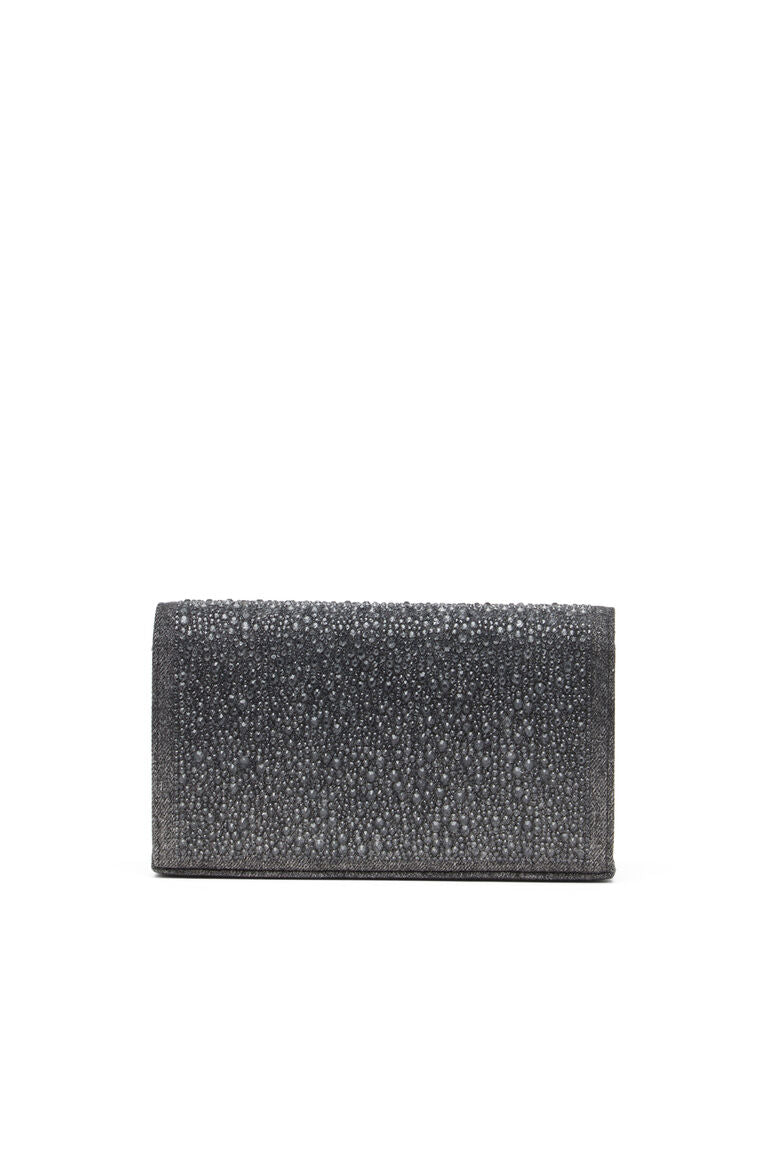 Pouch portafoglio in denim con cristalli